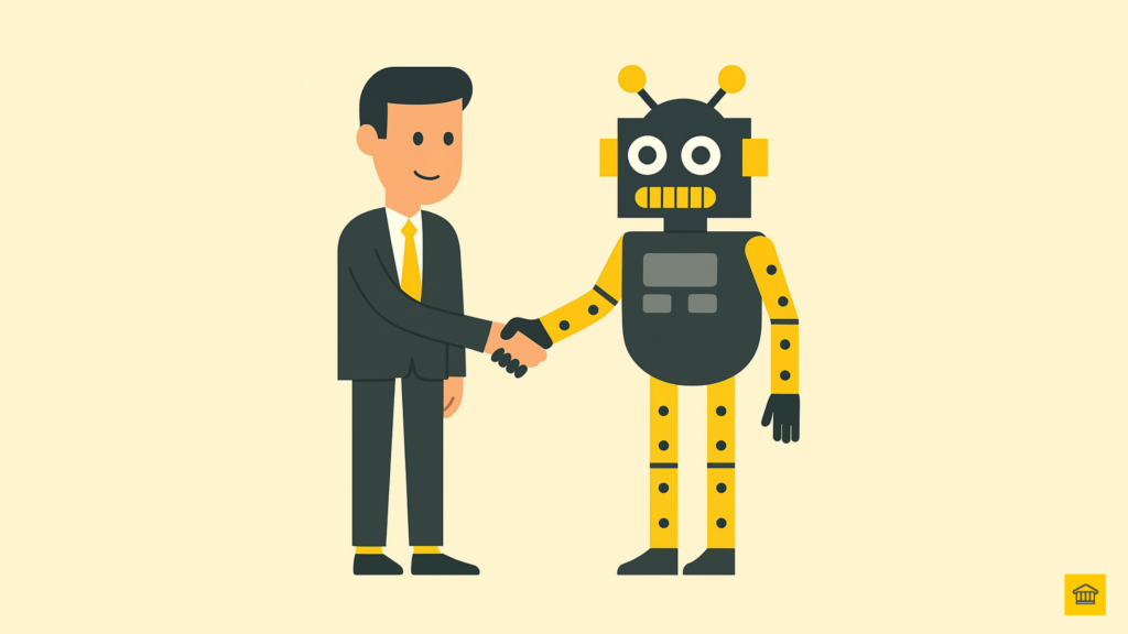 Illustration of a woman shaking hands with a robot while two male business professionals stand nearby giving approval, representing the partnership between business and AI.