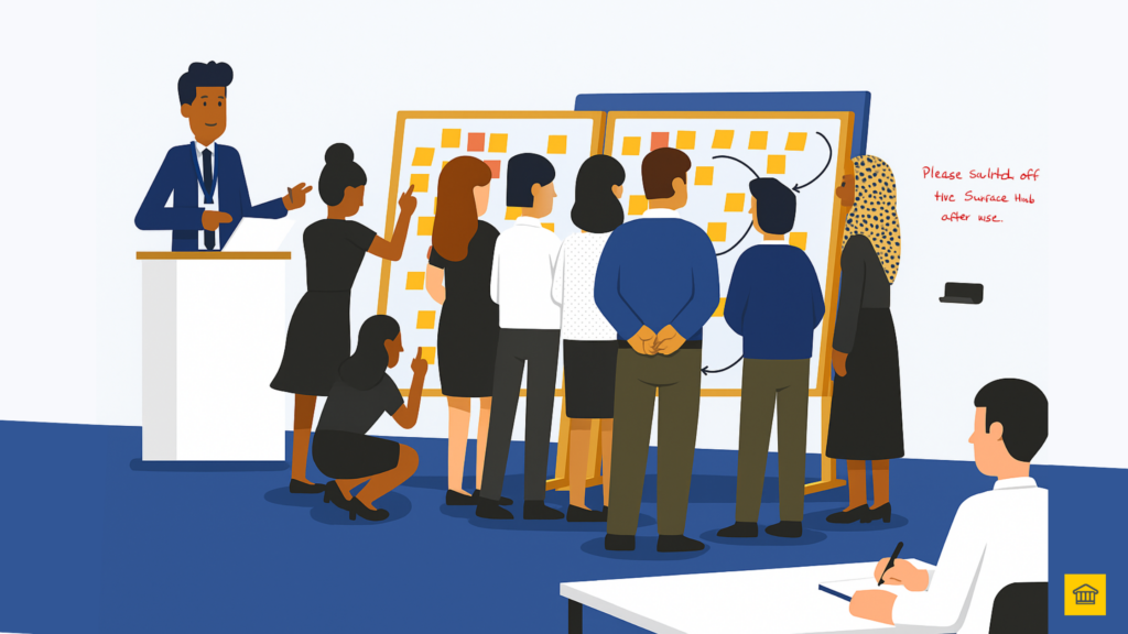 Diverse transformation team collaborating at a whiteboard covered with sticky notes, working through business process mapping and change prioritisation.