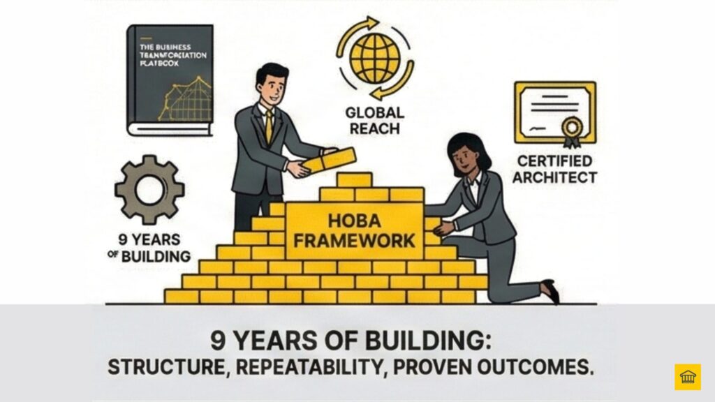 Illustration of the HOBA Tech team building the HOBA Framework structure over 9 years to ensure repeatable and proven business outcomes.