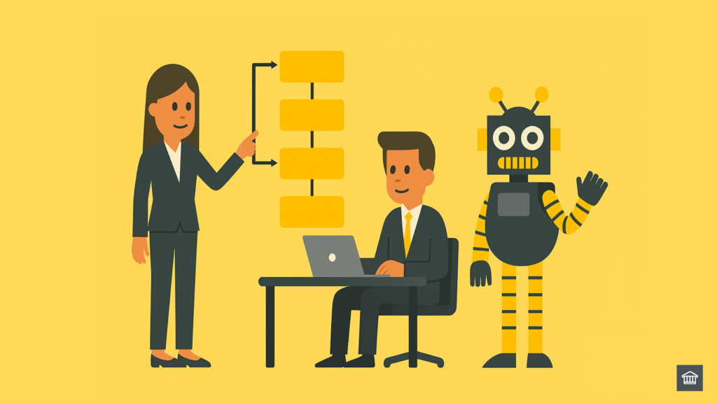 A HOBA Tech consultant in a fitted suit shakes hands with a retro-styled robot, highlighting AI’s role as a partner in transformation.