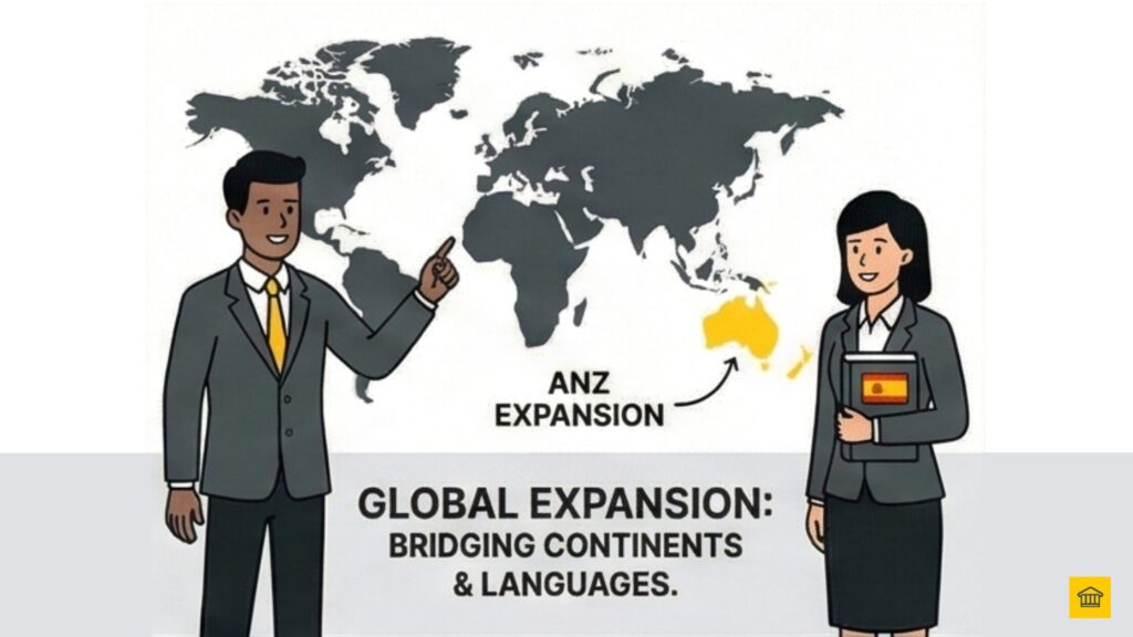 An illustration of global expansion showing team members pointing to a world map, specifically highlighting ANZ expansion and bridging continents and languages.
