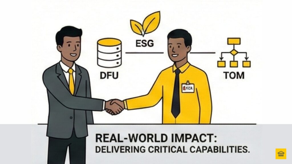 Two professionals shaking hands surrounded by icons for ESG, DFU, and TOM, representing the delivery of critical capabilities and real-world impact.